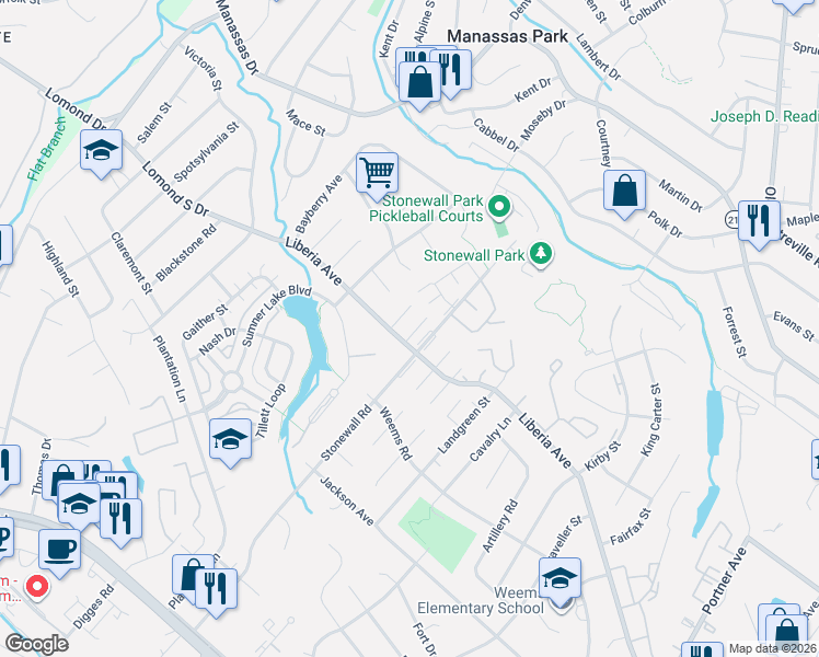map of restaurants, bars, coffee shops, grocery stores, and more near 8501 Buckeye Court in Manassas