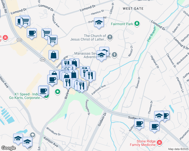 map of restaurants, bars, coffee shops, grocery stores, and more near 8377 Irongate Way in Manassas