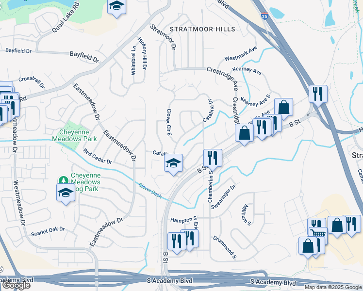 map of restaurants, bars, coffee shops, grocery stores, and more near 582 Catalina Drive in Colorado Springs