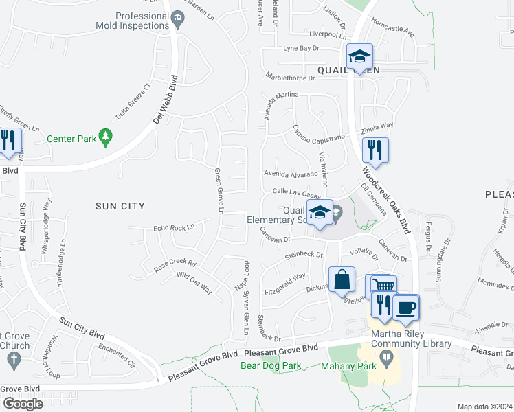 map of restaurants, bars, coffee shops, grocery stores, and more near 1299 Canevari Drive in Roseville