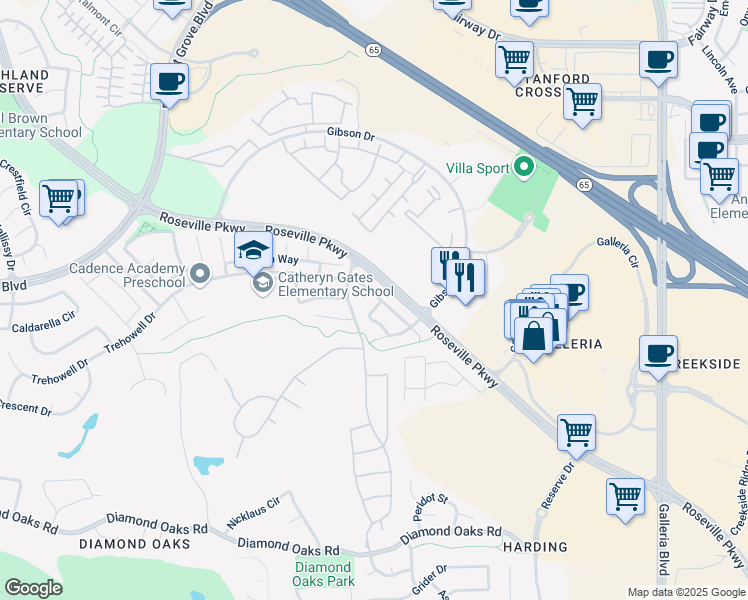 map of restaurants, bars, coffee shops, grocery stores, and more near 923 Keely Drive in Roseville