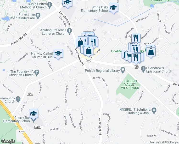 map of restaurants, bars, coffee shops, grocery stores, and more near 6535 Legendgate Place in Burke