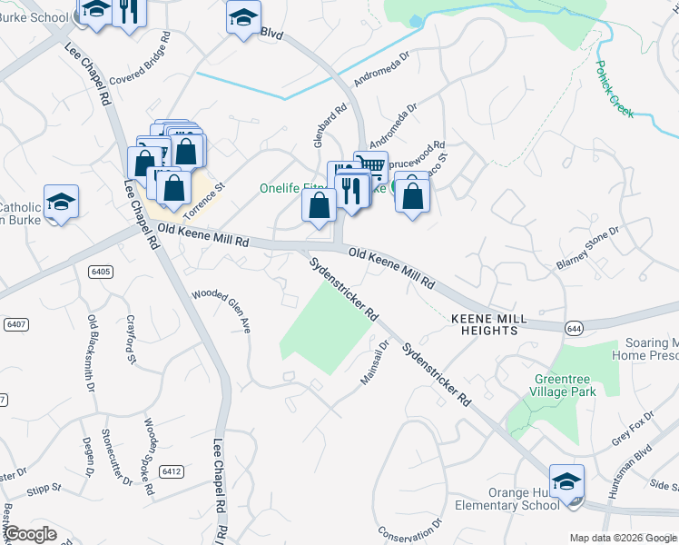 map of restaurants, bars, coffee shops, grocery stores, and more near 9267 Old Keene Mill Road in Burke