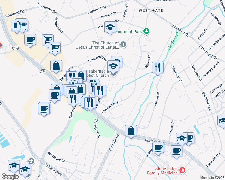 map of restaurants, bars, coffee shops, grocery stores, and more near 8325 Heritage Crossing Court in Manassas