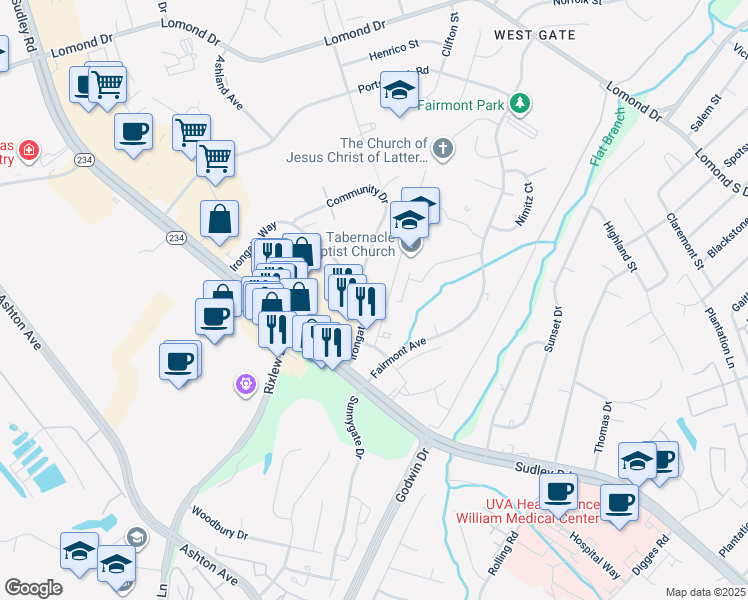 map of restaurants, bars, coffee shops, grocery stores, and more near 8399 Irongate Way in Manassas