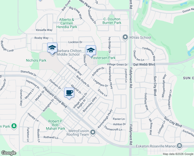 map of restaurants, bars, coffee shops, grocery stores, and more near 516 Harpford Court in Roseville