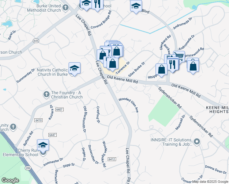 map of restaurants, bars, coffee shops, grocery stores, and more near 6535 Legendgate Place in Burke