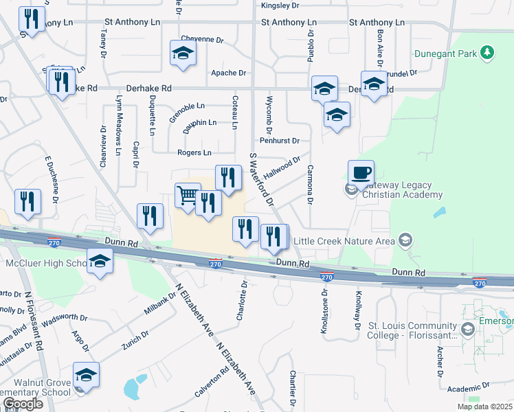 map of restaurants, bars, coffee shops, grocery stores, and more near 1500 South Waterford Drive in Florissant