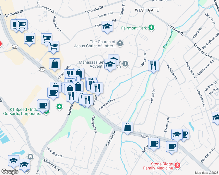 map of restaurants, bars, coffee shops, grocery stores, and more near 8325 Heritage Crossing Court in Manassas
