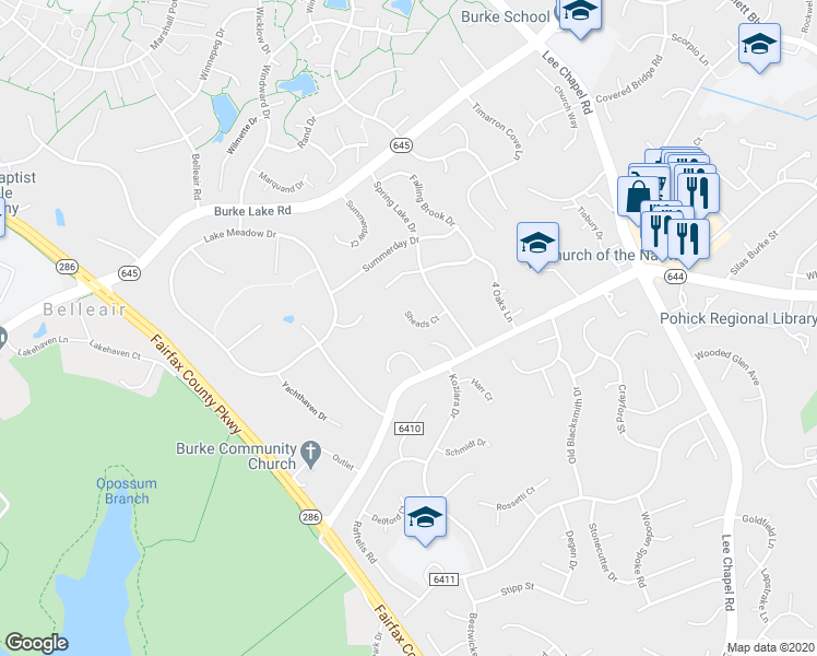 map of restaurants, bars, coffee shops, grocery stores, and more near 9809 Sheads Court in Burke