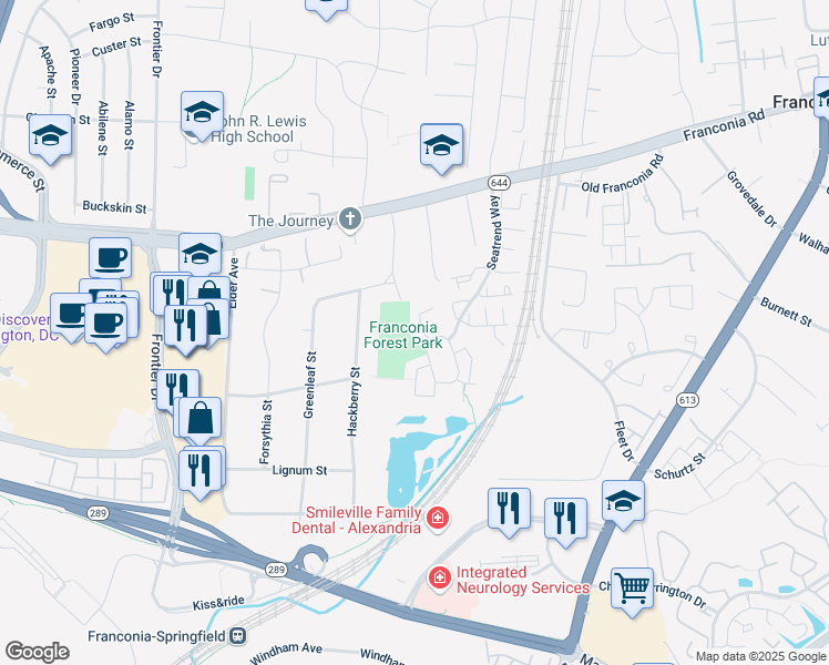 map of restaurants, bars, coffee shops, grocery stores, and more near 6400 Dakine Circle in Springfield