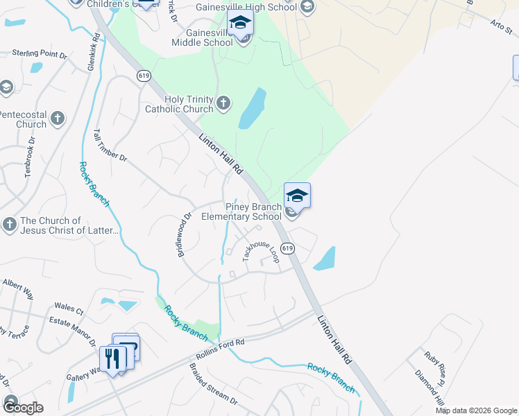map of restaurants, bars, coffee shops, grocery stores, and more near 15558 Filly Court in Gainesville