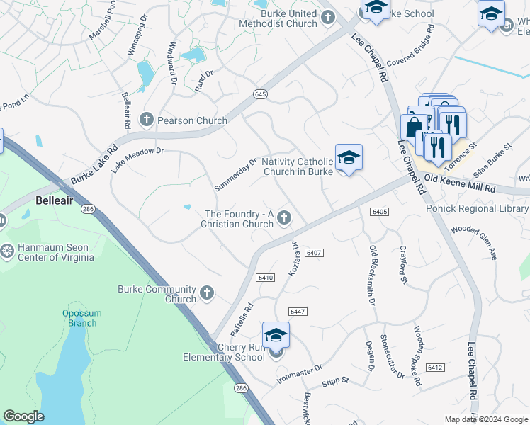 map of restaurants, bars, coffee shops, grocery stores, and more near 9809 Sheads Court in Burke