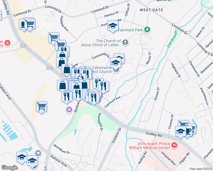 map of restaurants, bars, coffee shops, grocery stores, and more near 8371 Irongate Way in Manassas