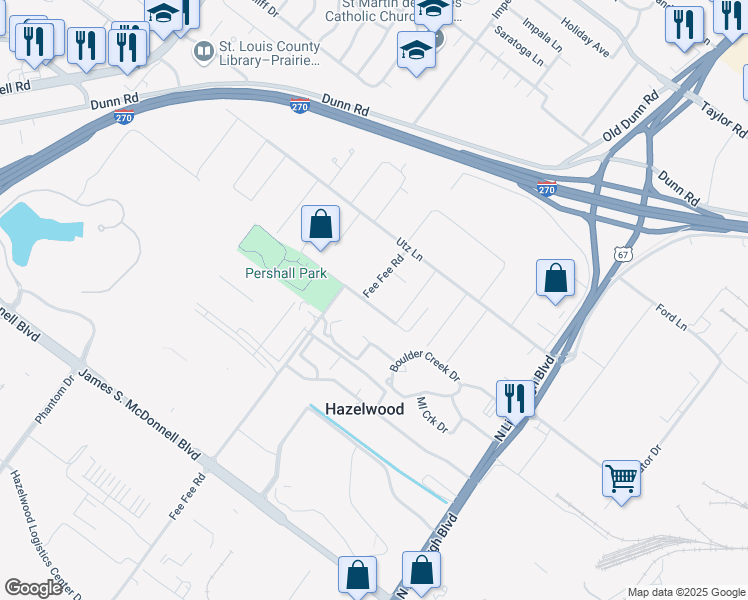 map of restaurants, bars, coffee shops, grocery stores, and more near 415 Fee Fee Hills Drive in Hazelwood