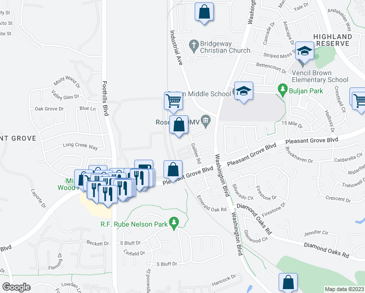 map of restaurants, bars, coffee shops, grocery stores, and more near 7211 Galilee Road in Roseville