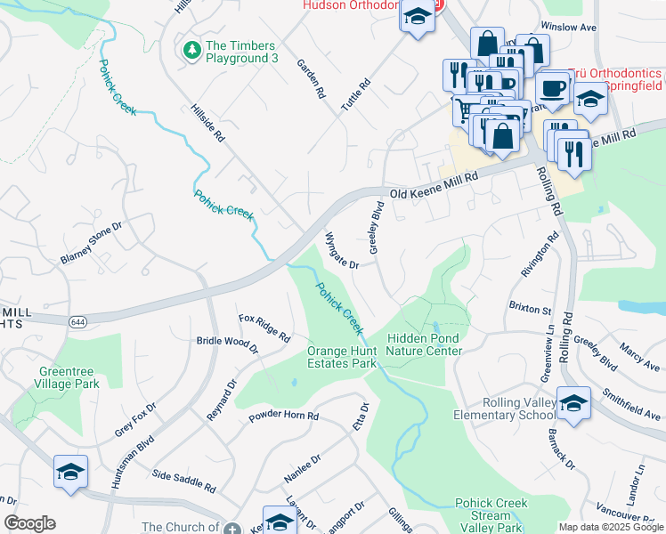 map of restaurants, bars, coffee shops, grocery stores, and more near 6410 Wyngate Dr in Springfield