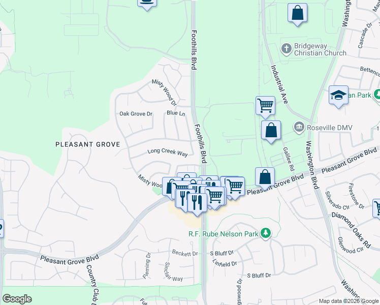 map of restaurants, bars, coffee shops, grocery stores, and more near 1406 Long Creek Way in Roseville