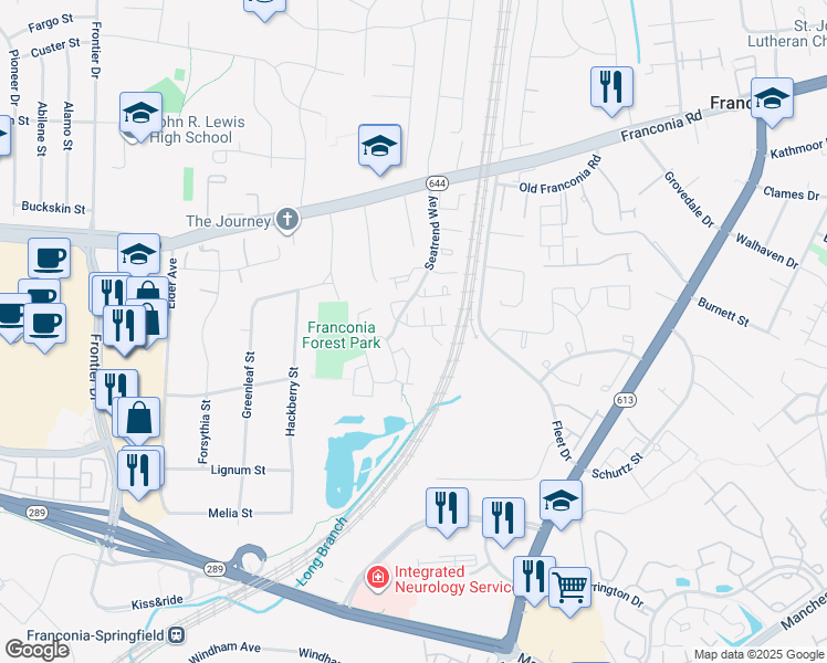 map of restaurants, bars, coffee shops, grocery stores, and more near 6493 Topsails Lane in Springfield