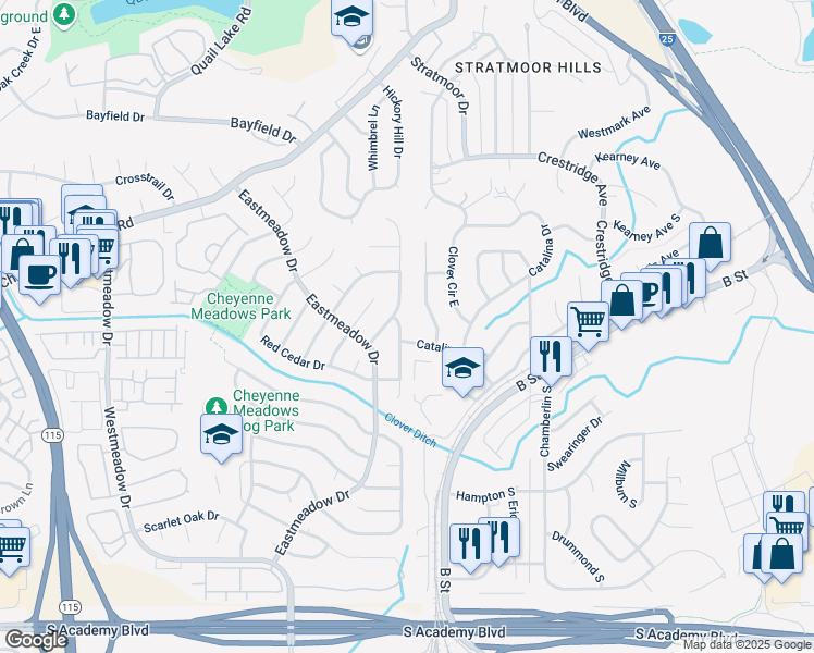 map of restaurants, bars, coffee shops, grocery stores, and more near 3935 Meadowdale Place in Colorado Springs