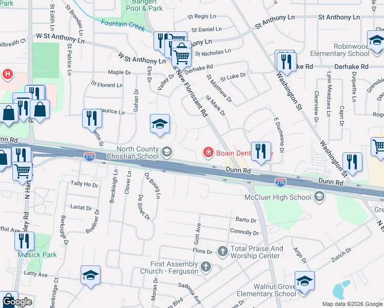 map of restaurants, bars, coffee shops, grocery stores, and more near 6 Santa Cruz Drive in Florissant