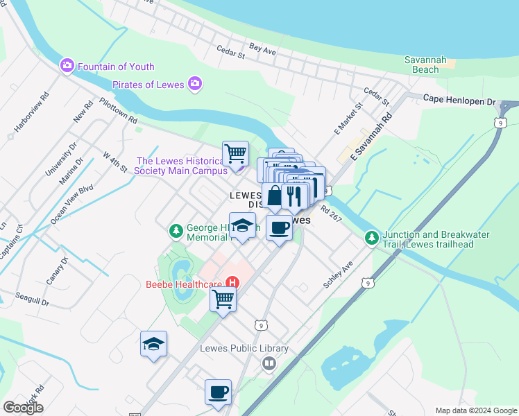 map of restaurants, bars, coffee shops, grocery stores, and more near 212 West 3rd Street in Lewes
