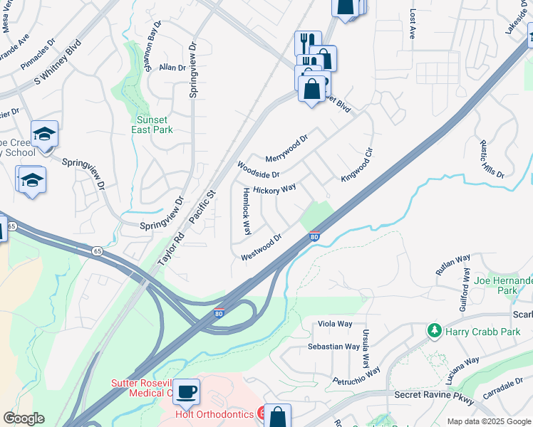 map of restaurants, bars, coffee shops, grocery stores, and more near 6335 Edgewood Way in Rocklin