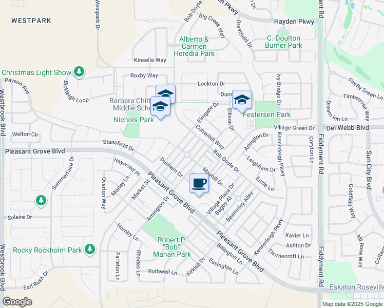map of restaurants, bars, coffee shops, grocery stores, and more near 3144 Ardley Drive in Roseville