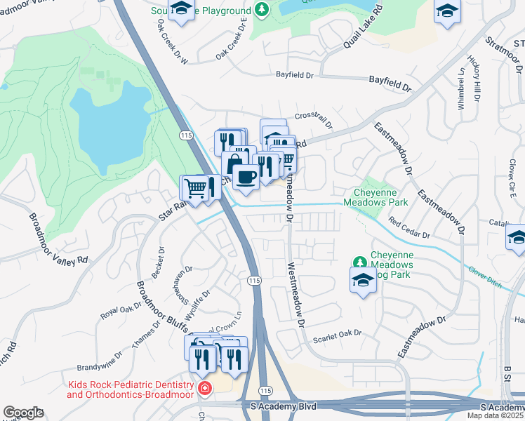 map of restaurants, bars, coffee shops, grocery stores, and more near 836 London Green Way in Colorado Springs