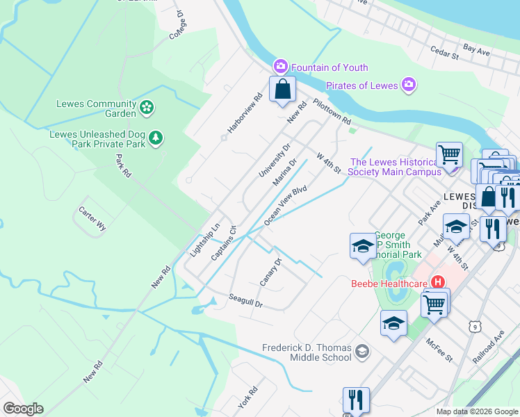 map of restaurants, bars, coffee shops, grocery stores, and more near 235 Marina Drive in Lewes