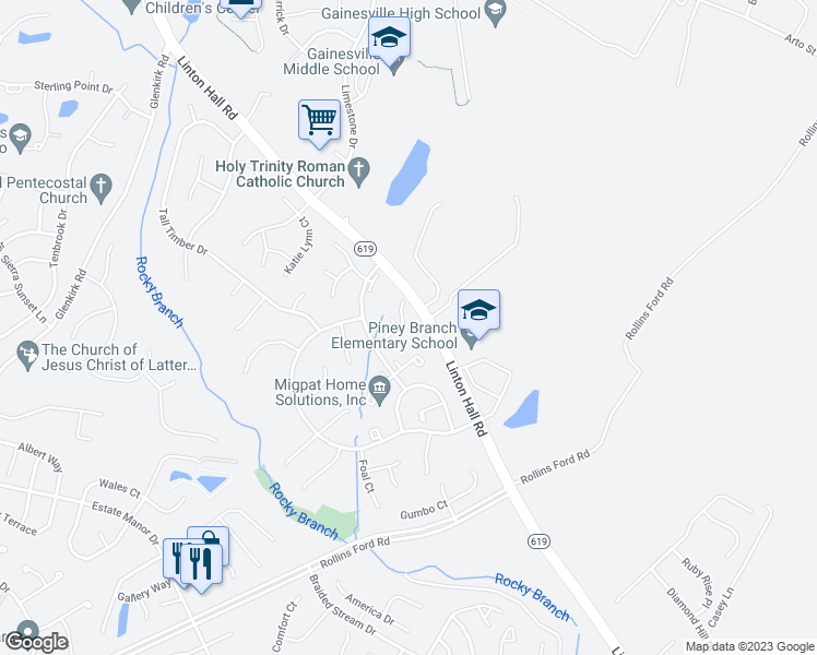 map of restaurants, bars, coffee shops, grocery stores, and more near 13623 Harness Shop Court in Gainesville