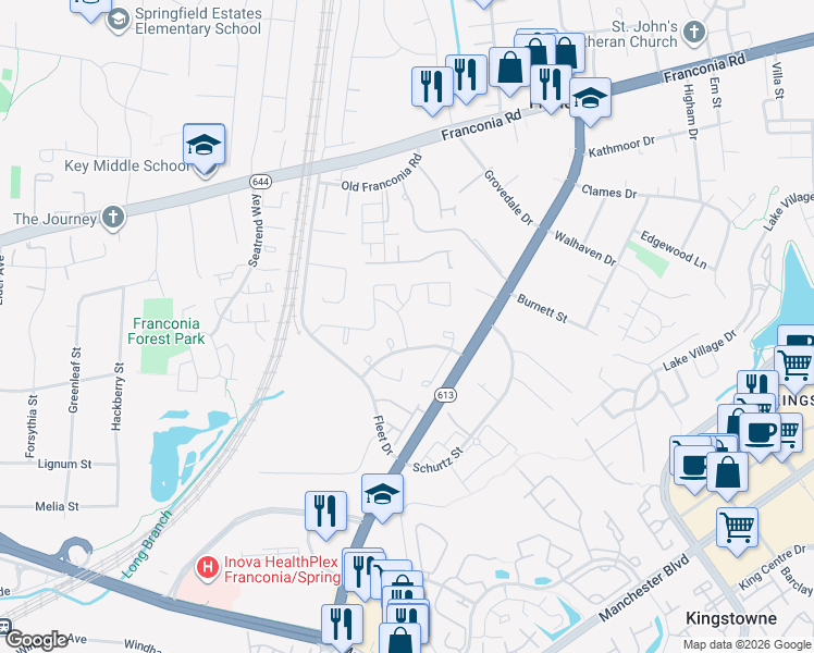 map of restaurants, bars, coffee shops, grocery stores, and more near 6607 Flat Rock Court in Franconia
