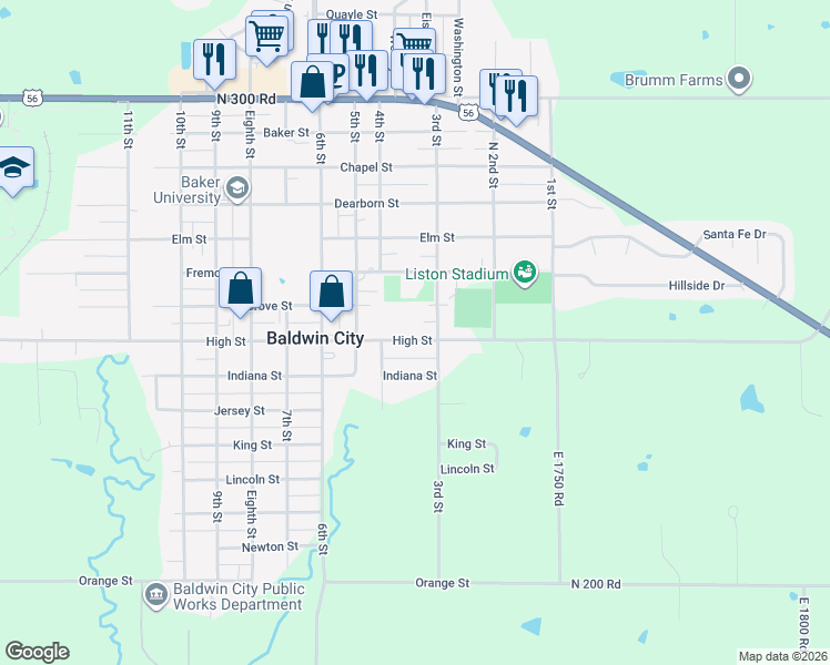 map of restaurants, bars, coffee shops, grocery stores, and more near 316 High Street in Baldwin City