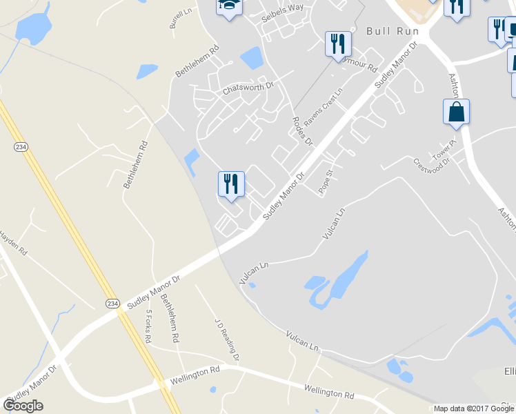 map of restaurants, bars, coffee shops, grocery stores, and more near 8309 Chatsworth Drive in Manassas