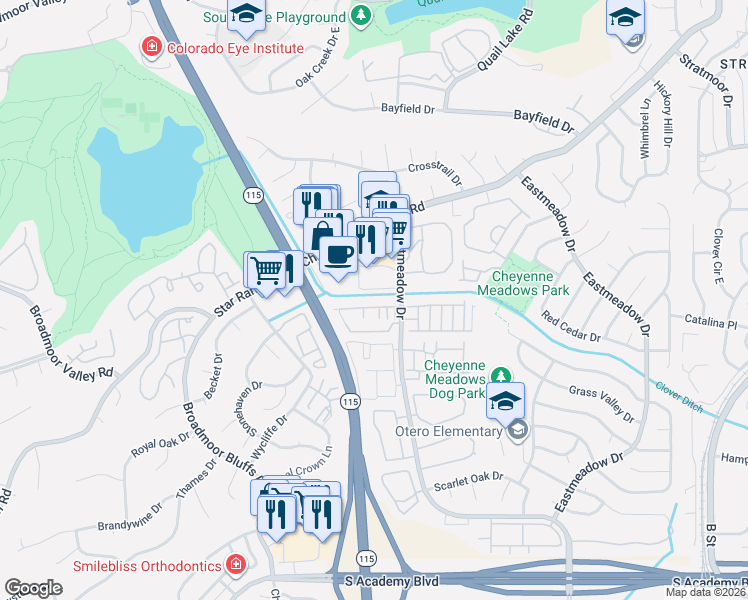 map of restaurants, bars, coffee shops, grocery stores, and more near 836 London Green Way in Colorado Springs