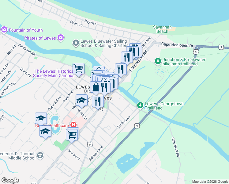 map of restaurants, bars, coffee shops, grocery stores, and more near 105 Savannah Road in Lewes