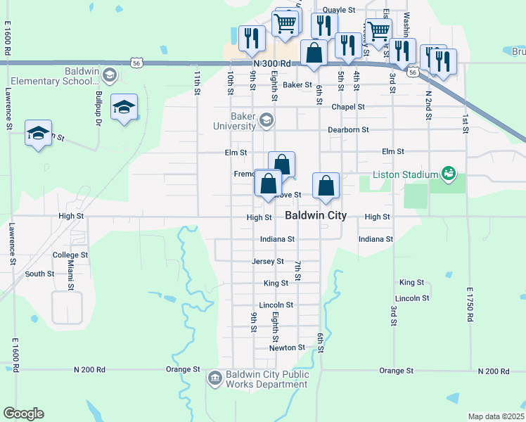 map of restaurants, bars, coffee shops, grocery stores, and more near 820 High Street in Baldwin City