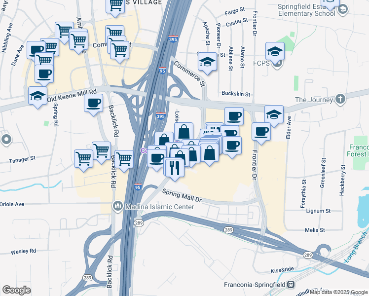 map of restaurants, bars, coffee shops, grocery stores, and more near 6553 Loisdale Court in Springfield