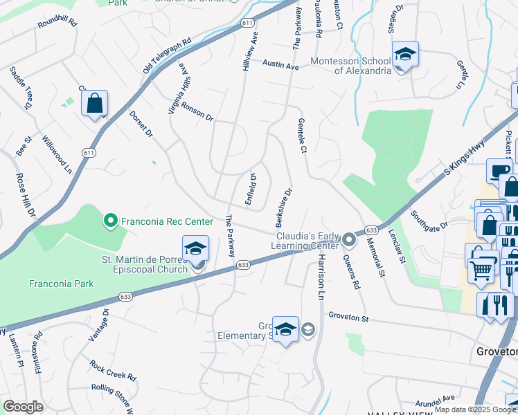 map of restaurants, bars, coffee shops, grocery stores, and more near 6535 Virginia Hills Avenue in Alexandria