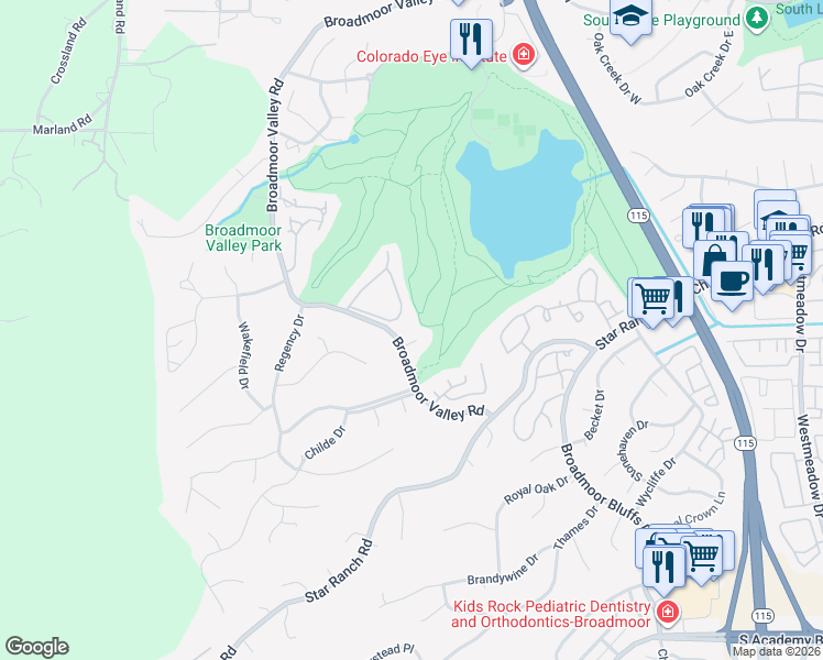 map of restaurants, bars, coffee shops, grocery stores, and more near 20 Golf Gate Lane in Colorado Springs