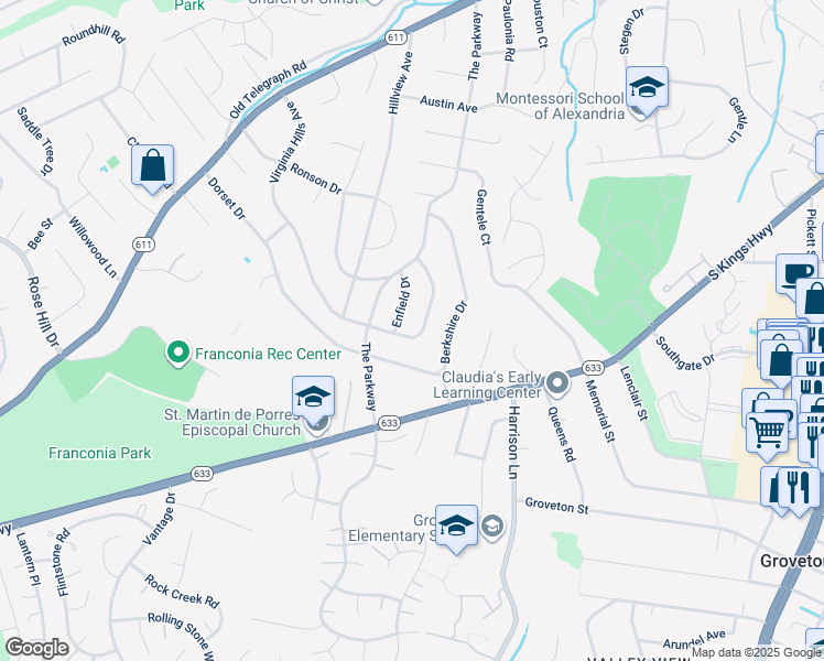 map of restaurants, bars, coffee shops, grocery stores, and more near 6535 Virginia Hills Avenue in Alexandria