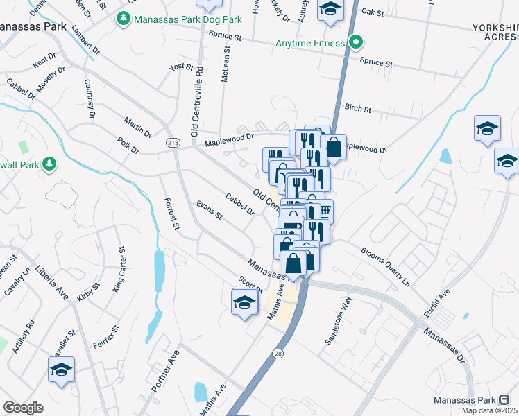 map of restaurants, bars, coffee shops, grocery stores, and more near 106 Cabbel Drive in Manassas Park
