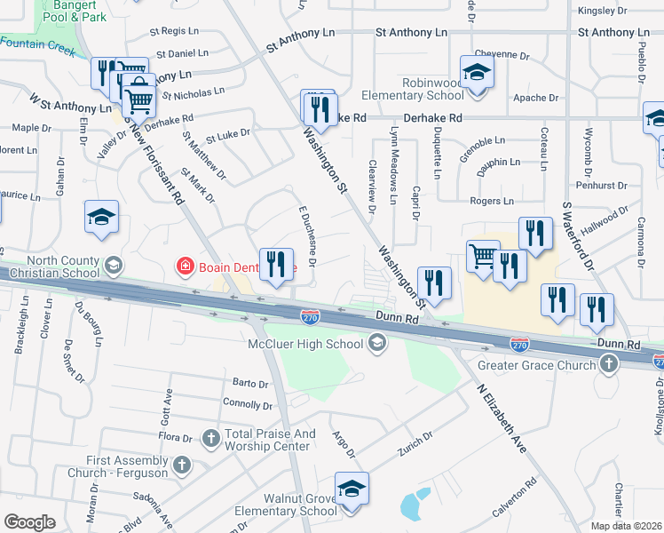 map of restaurants, bars, coffee shops, grocery stores, and more near 20 Saint Genevieve Court in Florissant