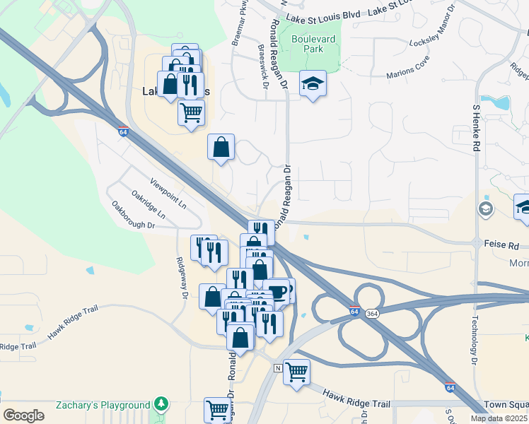 map of restaurants, bars, coffee shops, grocery stores, and more near 4 Technology Drive Loop in Lake Saint Louis