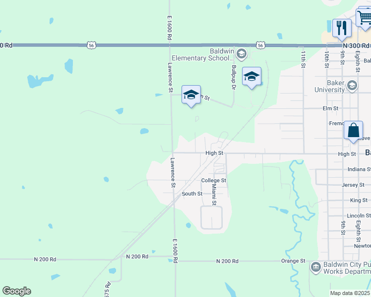 map of restaurants, bars, coffee shops, grocery stores, and more near 1714 High Street in Baldwin City