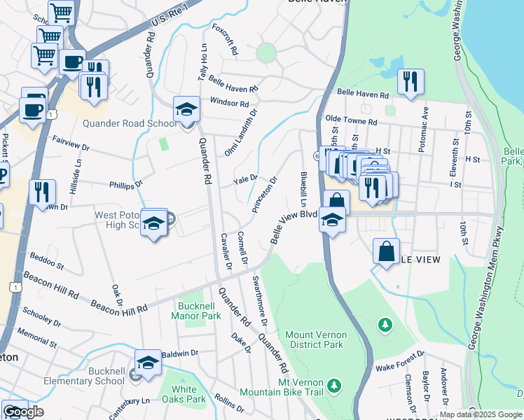 map of restaurants, bars, coffee shops, grocery stores, and more near 6513 Princeton Drive in Alexandria