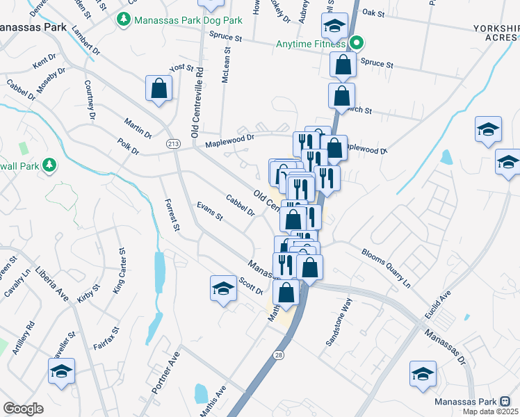 map of restaurants, bars, coffee shops, grocery stores, and more near 106 Cabbel Drive in Manassas Park
