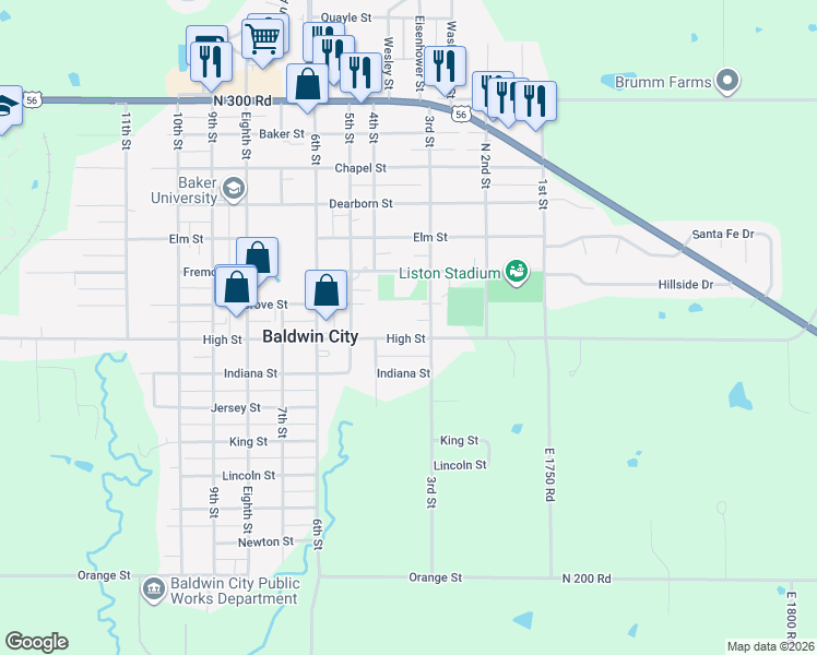 map of restaurants, bars, coffee shops, grocery stores, and more near 316 High Street in Baldwin City