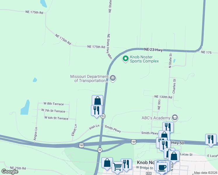 map of restaurants, bars, coffee shops, grocery stores, and more near 1100 Northeast State Highway Mm in Knob Noster