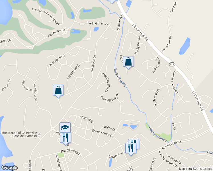 map of restaurants, bars, coffee shops, grocery stores, and more near 8222 Crackling Fire Drive in Gainesville